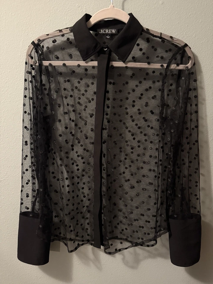 Blusa J.CREW Negra Lunares Transparente - Talla 2 - Elegante Top de Malla Manga Larga Foto 1 de 4