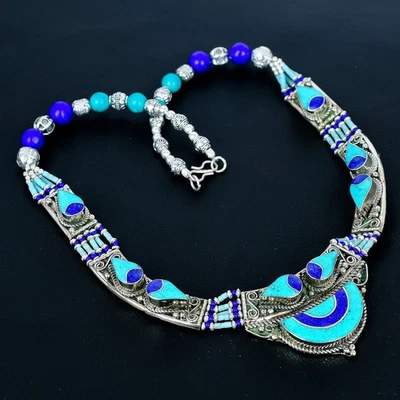 Collana Tibetano Nepalese Turchese Lapislazzuli Etnica Argento Sterling 925... - Immagine 1 di 4