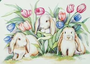 Hase Kaninchen Frühling Tulpe Blumen gerahmt matt Kunstdruck Laurie Korsgaden - Bild 1 von 5