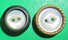 (2) VINTAGE 5/8" GOLD METAL BLACK ? SURROUND WHITE SHELL 2-HOLE BUTTONS-7/15