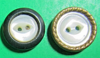 (2) VINTAGE 5/8" GOLD METAL BLACK ? SURROUND WHITE SHELL 2-HOLE BUTTONS-7/15 - Image 1 of 2