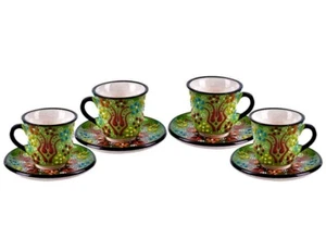 Turkish Authentic 4 Piece Ceramic Relief Coffee Cup Set,Handmade, Anatolia Motif - Picture 1 of 4
