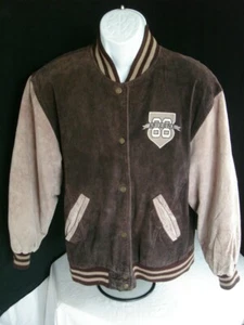 Vtg. Arizona Jeans Brown/Beige Suede Quilted Lined Embroidered Varsity Jacket M - Picture 1 of 10