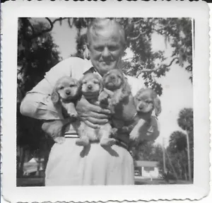 Man With Puppies Photograph Florida Outdoors 1950s Vintage Cute 3 1/2 x 3 1/2 - Picture 1 of 3