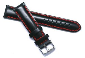 20mm Black/Red Leather Thick Stitching Padded Watch Band W/ Silver Tone Buckle