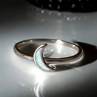 Moon 925 Silver Ring white lab opal boho ring celestial silver jewelry  - Image 1 of 4