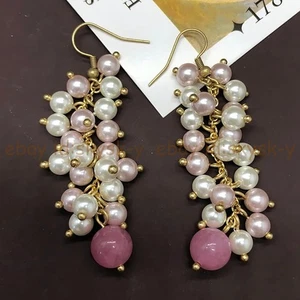 White Pink Imitation Pearl 8mm Round Beads Grape Cluster Dangle Hook Earrings - Picture 1 of 4