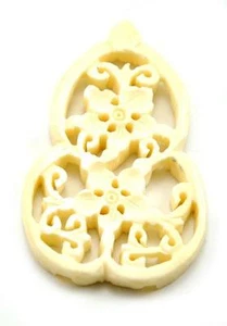 Vintage Asian Bone Carved Bead Disc Carve Style Charm Pendant Gourd Bird Cage - Picture 1 of 2