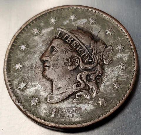 1834 Large Cent Large 8 , Small Stars , Medium Letters , Us Mint Copper Coin Cover