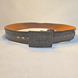 Vintage Mens Levi's Strauss & Co Belt Buckle Sz 33-39 and Belt Brown Leather USA - Picture 1 of 7