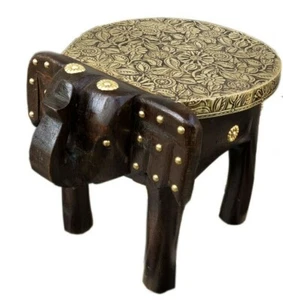 Handmade Wood Stool Elephant Small Stool Brass Fitted Home Decor Indien Art - Picture 1 of 5