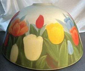 Frosted Reverse Painted Glass Lamp Shade Flower Bouquet 13.5” lily lilies tulip - Picture 1 of 9