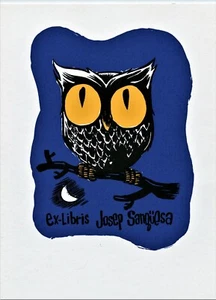 Owl and Moon, Ex libris Art Print Bookplate by Albert Monteys Homar, Spain - Picture 1 of 2