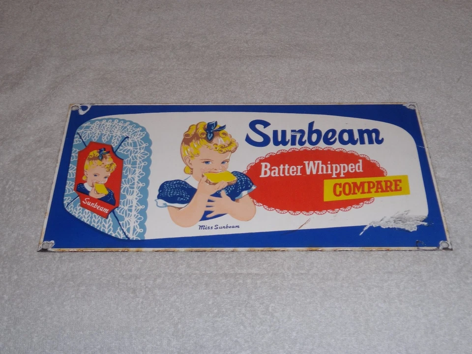 VINTAGE SUNBEAM BATTER WHIPPED BREAD MISS GIRL 15" PORCELAIN METAL GASOLINE SIGN - Image 1 of 4