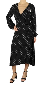 GUESS Women Dress M Black White Long Sleeved V-Neck Lined Logo Polka Dot Midi - Picture 1 of 13