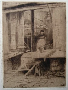 Feine Radierung von Richard Toovey (1861-1927). Frau im Schaufenster. - Bild 1 von 3