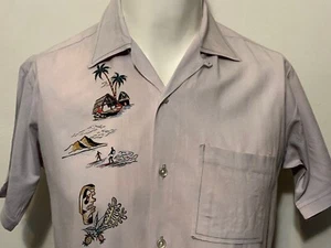 Vintage 1950s Hand Painted Hawaiian Aloha Shirt S Tiki Surfers Hut Loop Collar - Picture 1 of 12