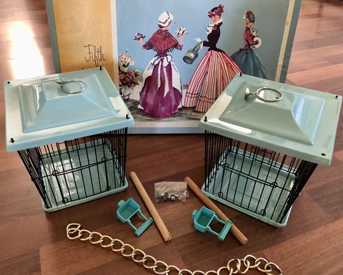 2 VINTAGE decorative birdhouses NOS Teal blue 7x6 Join With Chain 1950/60 Cover