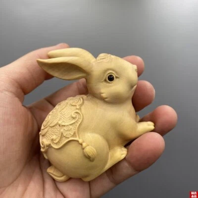 Mini estatua de conejo tallado en madera de boj chino Huang-yang de 2,7"兔子 Foto 1 de 4