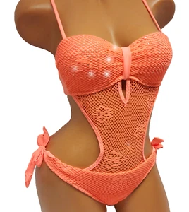 Monokini Bikini Badeanzug Neon Coral  Netz Strass Gepolstert Urlaub Bademode  34 - Bild 1 von 13
