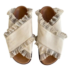 Ganni Beth Slip-On Sandals Size 38 / AU 7 Cross-Over Ivory Ruffle Brown Shoes - Picture 1 of 20