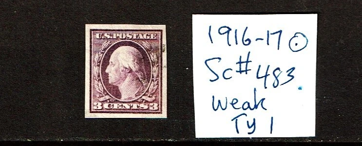 1916-17 U.S Regular Issue 3c Violet Washington IMPERF Ty I  Unwkm Sc#483 Used ** - Image 1 of 1