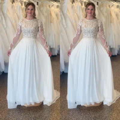 Elegant Wedding Dresses Lace Top Long Sleeves Chiffon A Line Beach Bridal Gown - Image 1 of 4