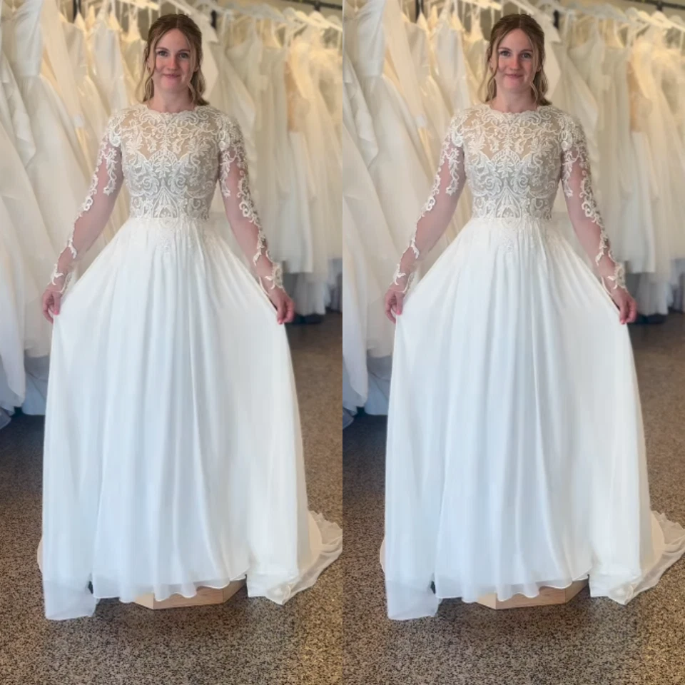 Elegante Vestidos de Novia de Encaje Top Mangas Largas de Gasa Línea A Playa Vestido de Novia Foto 1 de 4