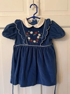 Vtg Blue Velvet Floral Embroidered Collared Short Sleeve Dress 3T 4T - Picture 1 of 8