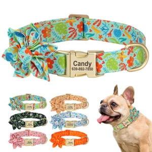 Floral Personalised Dog Collar with Cute Flower Custom Engraved Pet Name Tag S-L - Bild 1 von 30