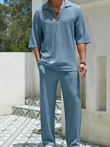 Herren 2 Stück Outfits Sommer Freizeit Button Down Hemden und Hosen Passende Sets - Bild 1 von 10