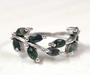 925 Silver Natural Marquise Moss Agate Ring Leaf Design Moss Agate Bridal Ring - Picture 1 of 20