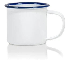 Set of 6 Enamelware Metal Small 5 Oz Round Coffee Mug, Solid White/Navy Blue Rim - Picture 1 of 9