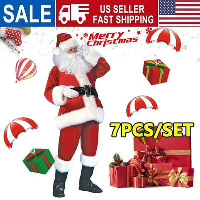 Adult Santa Claus Costume Father Outfit Christmas Flannel Suit Mens Fancy Dress - Image 1 of 4
