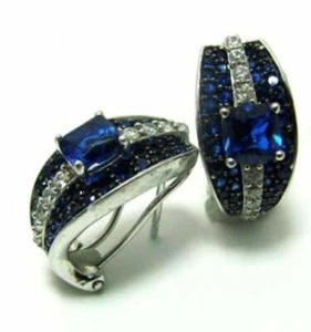Royal Blue Cushion & Round Cut 7.00CT Sapphire & Clear CZ Unique Stud Earrings - Picture 1 of 5
