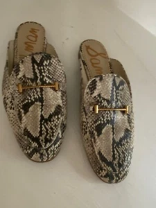 Sam Edelman Womens 9 Cream Gray Snake Print Leather Laurna Mules Slip On Shoes - Picture 1 of 9