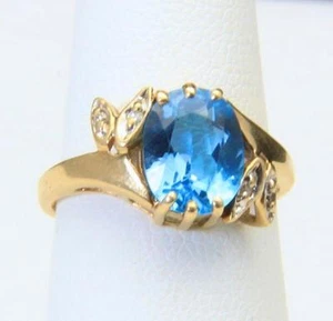 Hermoso anillo de topacio azul vintage de diamantes de oro amarillo de 10 K y corte ovalado talla 5 - Imagen 1 de 1