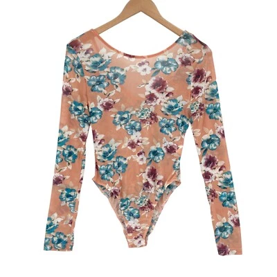 Lush Bodysuit Top Womens Medium Peach Floral Print Sheer Long Sleeve Stretch - Image 1 of 4
