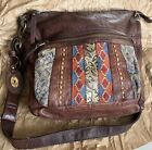 FOSSIL Brown Leather & Embroidery Boho 12" Hippie Crossbody Messenger Bag