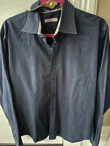 Burberry Brit Button Up Shirt Long Sleeve Mens Large NAVY Blue Nova Check Collar - Picture 1 of 10
