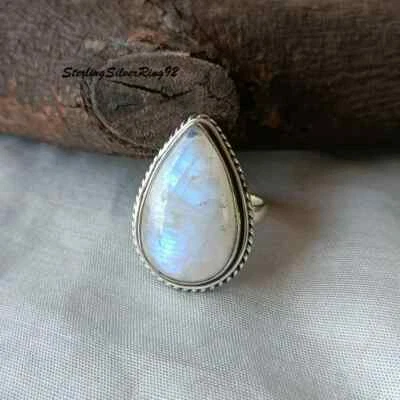 Anillo brillante con piedra lunar ~ en forma de pera ~ anillo de plata de ley 925 ~ Han Foto 1 de 4