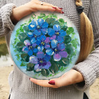 Violet Flower Oil Painting Pansy Original Art Floral Original round painting 