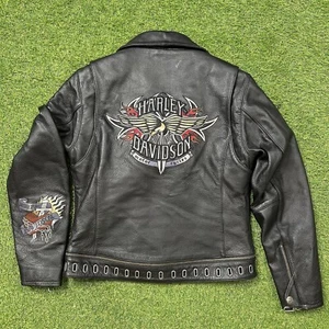Chaqueta de cuero negra Harley Davidson para mujer pequeña tatuaje cadena daga corazón - Imagen 1 de 17