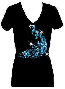 CAMISETA TODO RHINESTONE PEACOCK CUELLO EN V MANGA CORTA BLING BRILLO - Imagen 1 de 2
