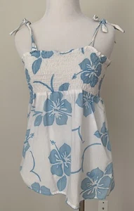 ROXY GIRL XL Hawaiano Floral Seersucker Tanque Blanco y Azul, correas atadas - Imagen 1 de 6