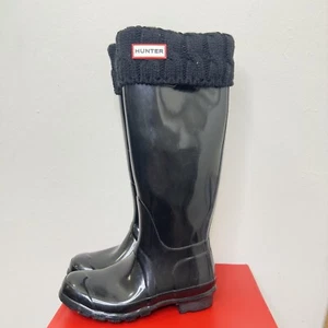 Hunter Original Tall Boot Logo Women's Size 5 Black Gloss Waterproof With Socks - Picture 1 of 8