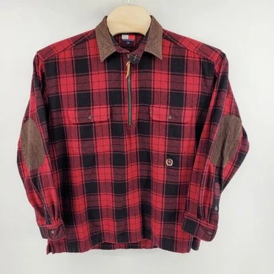 Tommy Hilfiger 1/4 Zip Mens Large Shirt Red Plaid Leather Collar Wool Blend - Image 1 of 4