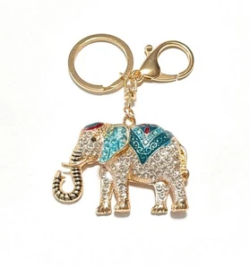 Llavero elefante de cristal animal de la suerte encanto azul dorado estrás bolsa clip regalo - Imagen 1 de 4