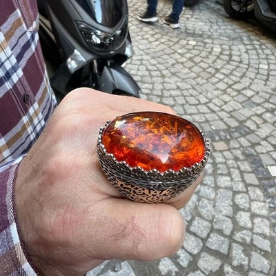 Anillo grande de plata esterlina ámbar natural estilo otomano 925k joyería para hombre Foto 1 de 4