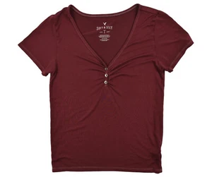 American Eagle Soft & Sexy Tee V-Neck Ruched Button Shirt Size S Maroon - Picture 1 of 11